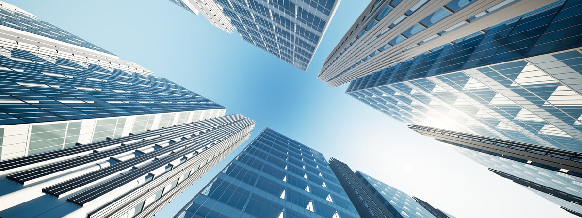 3d rendering of city skyscrapers rising toward clear blue sky symbolizing urban growth, innovation and economic progress across the Gulf